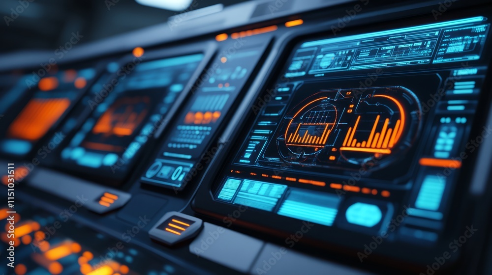 Poster futuristic control room interface with digital screens displaying analytical data and visualizations