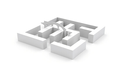 “Conceptual Illustration of Problem-Solving Process” – A 2D representation of a maze with an arrow finding its way out, symbolizing problem-solving and solutions, on a white background.

