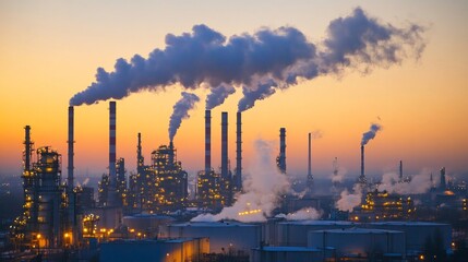Industrial landscape with smokestacks emitting pollution at sunset.