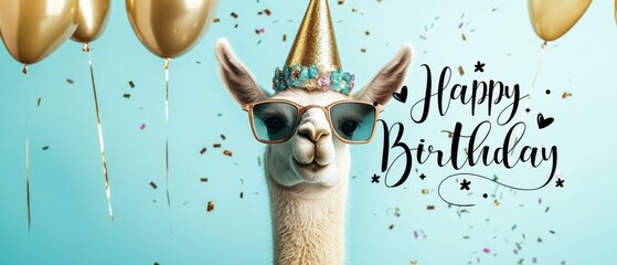 Happy Birthday Llama: Festive Animal with Balloons and Confetti