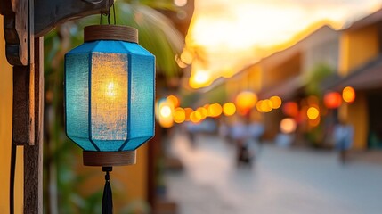 Winter romantic town festive concept. A vibrant blue lantern illuminates a charming street at...