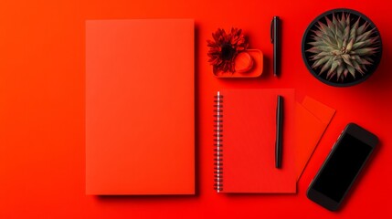 Stylish Collection of Red Stationery and Accessories on Vibrant Red Surface, Featuring Notebook, Pen, Flower, and Succulent Plant for Creative Inspiration