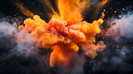 Orange and gray smoke explosion on black background.