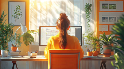 Bright Home Office with Plants and Computer