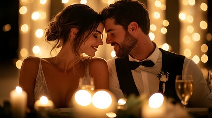 A couple celebrating a milestone anniversary, softly lit by ambient golden lights, with a minimalist table setting and a single candle flame flickering in the background