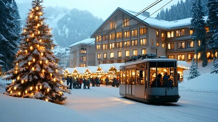 Winter romantic town festive concept. A cozy winter scene featuring a decorated Christmas tree, a charming tram, and a lit-up hotel amidst snow-covered mountains.