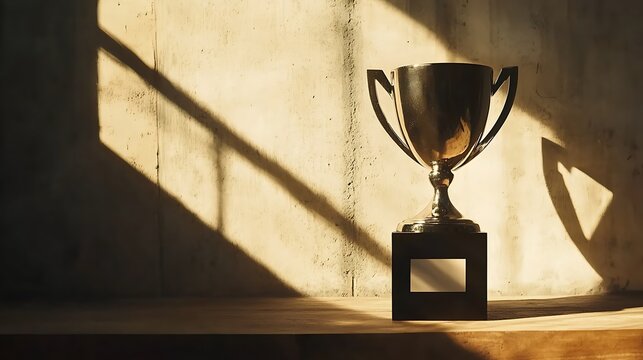 Silver trophy on wooden surface.