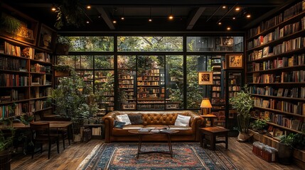 Cozy library, leather sofa, bookshelves, lush greenery.