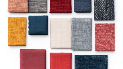 Fototapeta premium Colorful Textile Fabric Swatches Displayed on a White Background, Showcasing a Variety of Textures and Patterns for Interior Design and Fashion Applications