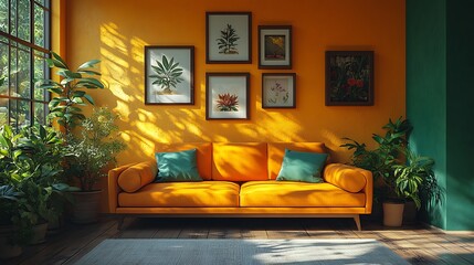 Sunny Living Room with Orange Sofa and Plants.  Modern Interior Design, Cozy Home Decor.