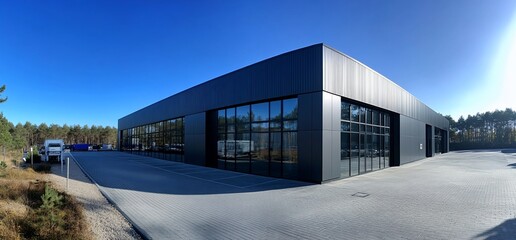 Obraz premium Modern industrial building surrounded by nature, featuring large glass windows.