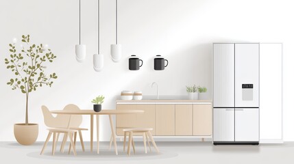 Modern kitchen interior design with dining table, chairs, and refrigerator, stylish functional