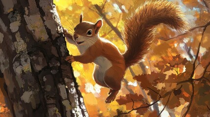 Fototapeta premium Squirrel Climbing a Tree in Autumn Forest