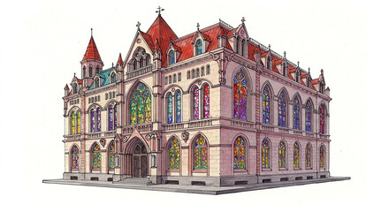 Fototapeta premium Gothic Church Building Architectural Illustration Stained Glass Windows