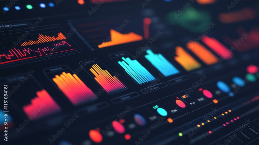 Poster colorful data visualization displaying varied graphs, charts, and metrics for use in analytics, mark