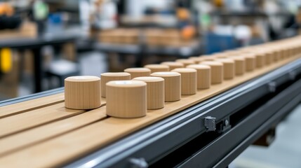 Obraz premium Conveyor system with wooden rollers, efficient material handling for industrial automation and transportation