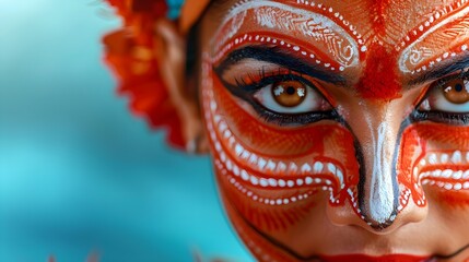 Obraz premium A close-up portrait of a Kathakali dancer's face, showcasing the intricate and vibrant painted designs.