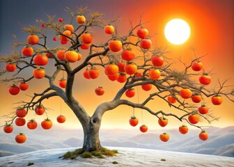Panoramic Persimmon Tree, Japanese Style, Orange Fruits, Red Sun, Peace Tranquility