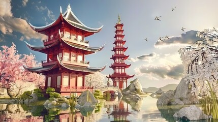 Obraz premium Ancient chinese Oriental chinese temple fantasy