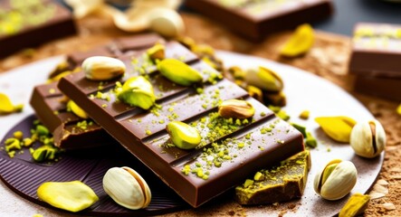 Artisanal chocolate assortment, gourmet confectionery display, green matcha chocolates, dark chocolate squares, pistachio garnish, golden nuts, luxury desserts, close-up food photography, shallow dept