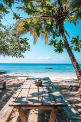 Wooden table on a beach with palm trees and the ocean in the background.