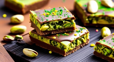 dark chocolate squares, vibrant green pistachio filling, stacked chocolate layers, crushed pistachios, whole pistachio nuts, wooden cutting board, rich textures, glossy chocolate surface, gourmet dess