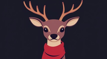 Minimalist Vector Graphic of a Cute Cartoon Deer Face with Big Horns, Looking Straight Ahead, Wearing a Red Scarf, Set Against a Dark Background, Capturing a Playful and Fun Character in Simple, 