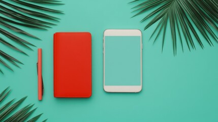 Bright and Stylish Workspace Arrangement with a Red Notebook, Smartphone, and Green Palm Leaves on a Vibrant Aqua Background