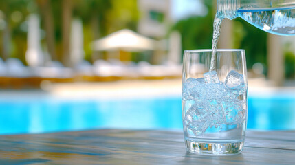 Pouring a glass of iced water on hot summer day at vacation hotel swimming pool , refresh and stay hydrated in summer