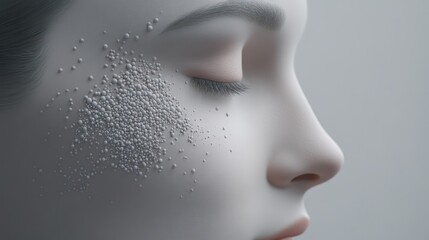 Striking portrait of a woman with unique white dot facial art, captivating blend of beauty and creative expression