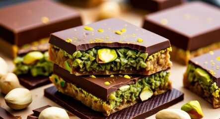 Dark chocolate bars, pistachio filling, vibrant green interior, stacked dessert, gold flakes, luxurious confectionery, rich textures, gourmet sweets, close-up photography, warm lighting, rustic wooden