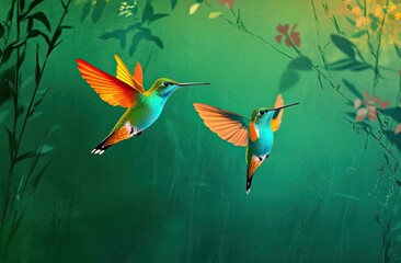 Fototapeta premium Two hummingbirds flying in the air, motion capture of two hummingbirds flying together, green background