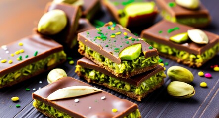 Fototapeta premium dark chocolate squares, vibrant green pistachio filling, stacked chocolate layers, crushed pistachios, whole pistachio nuts, wooden cutting board, rich textures, glossy chocolate surface, gourmet dess