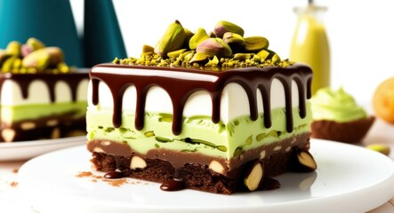 Fototapeta premium Layered cake, chocolate drip, pistachio garnish, vibrant colors, high contrast, food photography, turquoise background, decadent dessert, rich textures, mouth-watering, close-up shot, sharp focus, gou