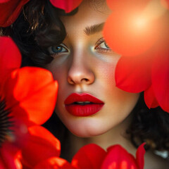 A close-up portrait of a young Caucasian woman with dark hair, full red lips, and dramatic red flower petals framing her face