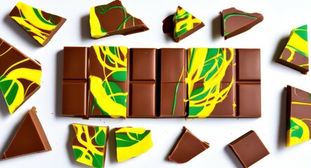 Chocolate bars, colorful swirls, green and yellow patterns, abstract designs, top-down view, scattered arrangement, confectionery photography, vibrant contrasts, artisanal chocolates, marbled effect, 