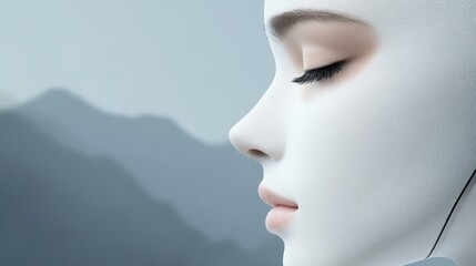 Striking contrast, a portrait of woman with stark white face and deep black hair