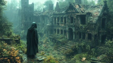 Obraz premium Hooded figure near overgrown, ruined mansion.