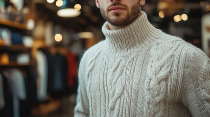 Caucasian man wearing cream cable knit turtleneck sweater photographed in retail environment with soft bokeh lighting
