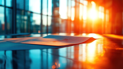 Sunlit Paper on Reflective Surface in Modern Office