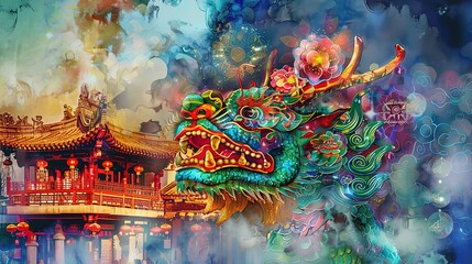 Naklejka premium Digital painting Art prints chinese temple fantasy