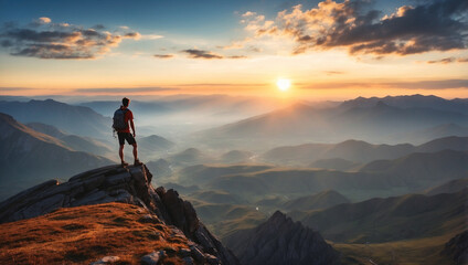 A Hiker at the Summit of a Mountain Overlooking a Breathtaking Landscape