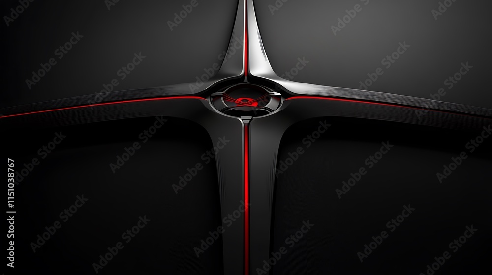 Poster dark abstract cross design with red accents.