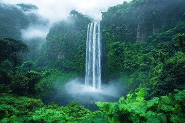 Fototapeta premium Lush rainforest waterfall, misty mountains.