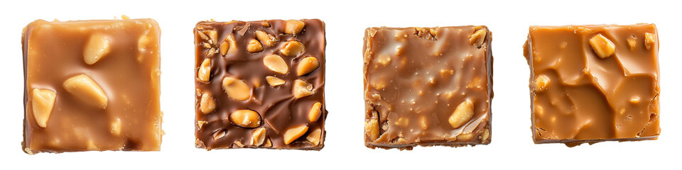 set of Close-Up of Assorted Caramel and Nut Squares Isolated on Transparent Background, top view