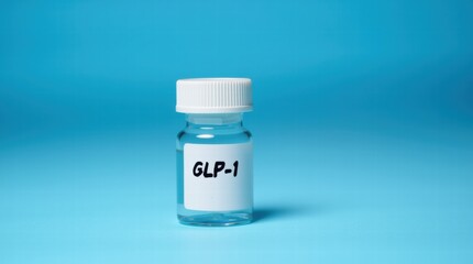 Obraz premium Medicine bottle labeled with GLP-1 on a blue laboratory background, medical research, pharmaceutical development, healthcare concept