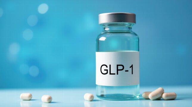 Medicine bottle labeled with GLP-1 on a blue laboratory background, medical research, pharmaceutical development, healthcare concept