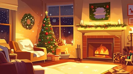 A very cozy and warm New Year's room featuring festive decorations, glowing lights, and a comfortable ambiance. The inviting space is adorned with traditional and modern elements, creating the perfect