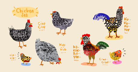 Set of chicken, hen, rooster outline sketch hand drawn isolated on white background illustration. Birds poultry farm animal collection on vintage style. © Suryadi