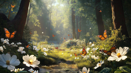 Forest glade with lots of white spring flowers and butterflies on a sunny day